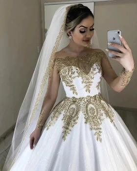 2021 Prabanga Dubajus Balta Ir Aukso Vestuvių Suknelė Vien Visą Rankovės Valtis Kaklo Appliqued Blizgučiai Blizgančiais Nėrinių Nuotakos Oficialią Suknelės