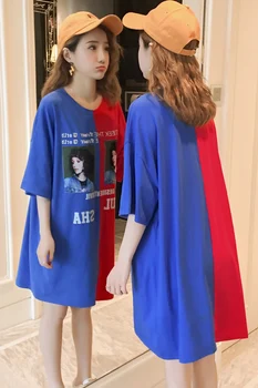 #2608Spring Vasaros trumpomis Rankovėmis Laisvi marškinėliai-Suknelės Moterims, O-kaklo Medvilnės Atsitiktinis Palaidų Mini Suknelės Raštą Atspausdinta Tee Suknelė