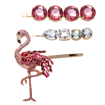 3 Gabalus Mados Sweet Pink Flamingo Kristalų Ornamentas, Klipai, Vestuvių Plaukų Segtukai, Plaukų Įrašus Metalo Barrettes Galvos Apdangalai Priedų