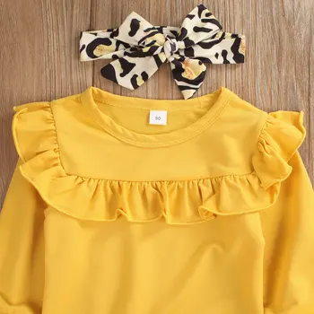 3PCS Bamblys Vaikams Baby Girl Drabužius ilgomis rankovėmis geltona Pynimas Viršūnes Leopard Kelnes Lankelis Komplektai Rinkinys