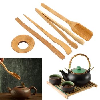 5 vnt/set Bambuko arbatinis šaukštelis Adata Tweezer Įrašą Kiaurasamtis Tong Vamzdelio Rinkinys Medinių Teaware Arbatos Ceremonija Indų