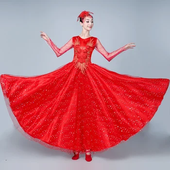 Atidarymo Šokio Visą sijonas Šiuolaikinės Suaugusiųjų Moterų Raudona Šokių Suknelė Dėvėti Ispanija Didelis Swing Suknelė Choras, Šokių Etape Kostiumas Kostiumas H608