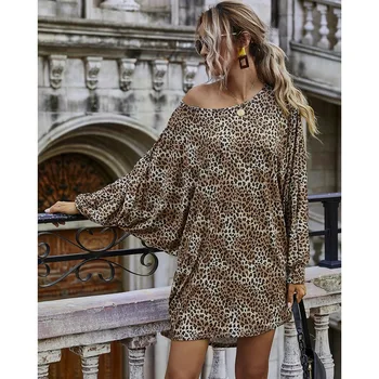 Atsitiktinis Leopardas Spausdinti Mini Suknelė Moterims Asimetrinė ilgomis Rankovėmis, O ant Kaklo Rudens Drabužiai Prarasti Derliaus Spausdinti Suknelės 2020 m.