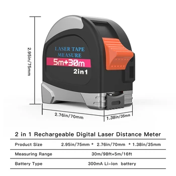 Aukšto lygio Smart tolimatis tipo 2-in-1 juostos priemonė Lazeriniai matavimo diapazonas 0-30m Juosta priemonė ilgis 5m Su apšvietimu ekranas