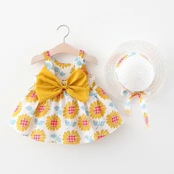 Baby Girl Vasaros Lankas Spausdinti Suknelė Su Skrybėle 2vnt Kūdikių Drabužiai, Kostiumai Bohemijos Stiliaus Naujagimiui Vaikiška Suknelė