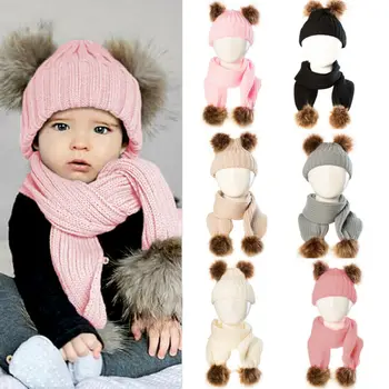 Bamblys Vaikai Mergina&Berniukas Baby Kūdikių Žiemos Nėrimo Megzti Skrybėlę Beanie Kepurė Su Šaliku
