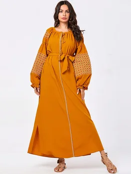 BNSQ Plius Dydis Moterų Maxi Suknelė Prarasti Išsiuvinėti Nėriniai Pusėje Ritininės Žibintų ilgomis Rankovėmis Mados Musulmonų Oranžinė Suknelė Abaja Skraiste