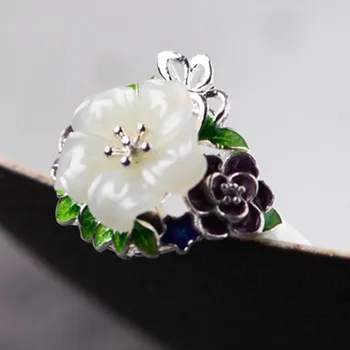 BOCAI Naujas Nekilnojamojo S925 gryno sidabro cloisonne emalio rožių gėlių žiedais Moteris literatūros temperamentas gamtos jade atidaryti moteris žiedas