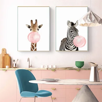 Burbulas Kramtomoji Guma Žirafa, Zebras Gyvūnų Plakatai, Drobė Meno Tapybos Sienos Meno Darželio Dekoratyvinis Nuotrauką Šiaurės Stiliaus Vaikams Dekoras