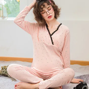 Būsimos Motinos Slaugos Pižama V-Kaklo Nustatyti ilgomis Rankovėmis marškinėliai+Kelnės 2vnt Nėščioms Moterims Sleepwear po Gimdymo Motinos naktiniai marškiniai, pižamos
