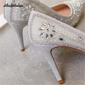 Crossdresser Pearl diamond batai, prekės ženklo moteris 9cm ploni aukšti kulniukai vestuvių siurbliai pažymėjo tne ponios Nuotakos Slip-on adatos (Stiletai)