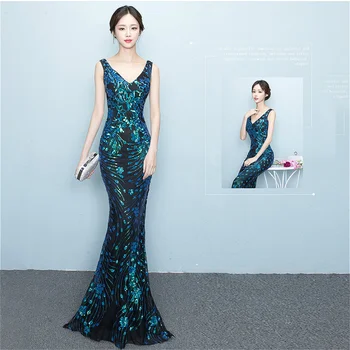 CX China gėlių modelio Ilgų Oficialių vakaro suknelės V kaklo aukso slim duobute undinė prom šalis suknelė chalatas de soiree Vestido