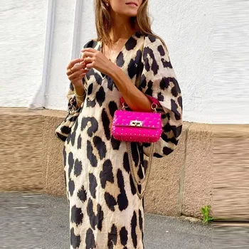 Derliaus Vasaros Suknelė Moterims Leopardas Spausdinti Paplūdimio Vestidos Žibintų Rankovėmis V-Kaklo, Atsitiktinis Palaidų Šalies Streetwear Sundress Suknelės