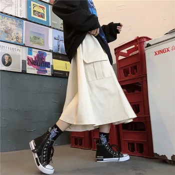 Didelis Kišenėje Aukštos Juosmens Midi Krovinių Sijonas Harajuku Streetwear korėjos Juoda balta Sijonai Moterims Punk Atsitiktinis Palaidų Gotikos Hip-Hop saia