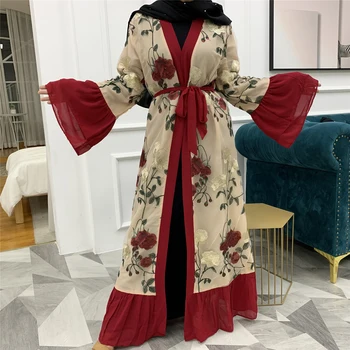 Dubajaus Musulmonų Moterys Abaja Siuvinėjimo Atidaryti Kimono Megztinis Blyksnius Rankovės Kratinys Arabų Jilbab Ramadanas Islamo Drabužių Maxi Skraiste