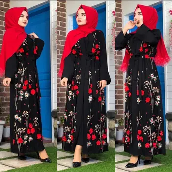 Dubajus Arabų Moterų Suknelė Gėlių Nėrinių Siuvinėjimo Abaja Cardigan Musulmonų Suknelė Kaftan Ilgas Chalatas, Islamo Ramadanas Malda Drabužiai