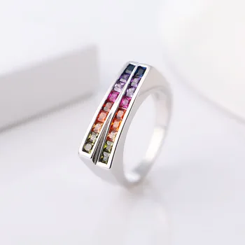 Dviejų Eilučių Rainbow Crystal Žiedai Su Geros Kokybės Fit Dydis Kubinis Cirkonis S925 Sterlingas Sidabro Žiedai, Moterims, Vyrams, Fine Jewelry