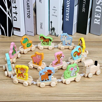Dvylika Zodiako Traukinių Mediniai Žaislai Vaikams Montessori Mokymo priemones Švietimo Žaislas Traukinio Modelis Gyvūnų