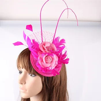 Elegantiškas Sinamay Fascinators su Stručio Polių Plunksnų Gėlių, Vestuvių Plaukų Aksesuarai, Vestuviniai Skrybėlės Hot Pink Šalis galvos Apdangalai OF1541