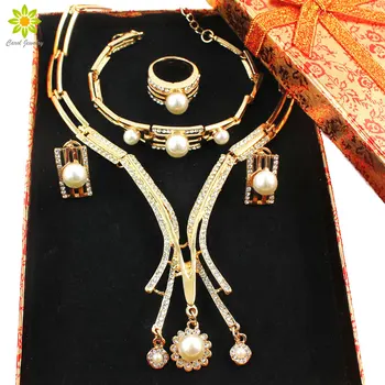 Fine Jewelry Nustatyti Aukso Spalvos Dubajus Afrikos Kristalų Imituojamas Perlų Karoliai Rinkinius Vestuvių Nuotaka Papuošalų Rinkinys +Dovanų Dėžutės