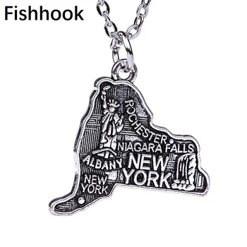 Fishhook JAV Valstybės Žemėlapį, New York Karoliai ir Pakabučiai Kontūro Valstybės Pakabukai Doule pusės Antikvariniai Sidabro Spalvos, Padengtą