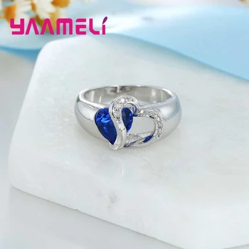 Fshion Vestuvės Vestuvinis Žiedas Elegantiškas Blue Crystal White Širdies Ornamentas 925 Sterlingas Sidabro Kubinis Cirkonis Už Žmoną