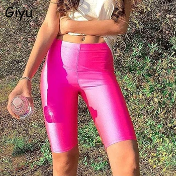 Giyu Seksualus Neon Satino Capris Moterų Kelnes 2020 Metų Vasaros Aukšto Juosmens Bodycon Slim Liuminescencinės Laisvalaikio Salė Sparty Capris Streetwear
