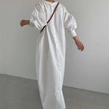 Grįžtamasis Japonija Ilgomis Rankovėmis Balti Marškinėliai Suknelė Elegantiškas Moterų Darbo Drabužiai Nėrinių Rudenį Atsitiktinis Negabaritinių Korėjos Maxi Suknelės