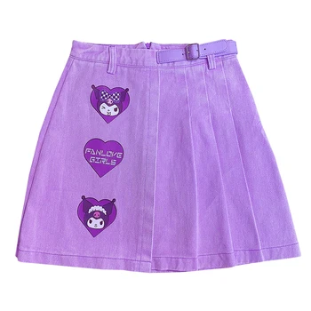 Harajuku cool myliu animaciją sagtis violetinė aukšto juosmens a-žodis, plisuotos džinsinio audinio sijonas, sijonai