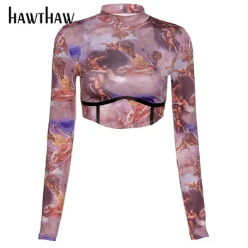 Hawthaw Moterų Mados Rudens Ilgomis Rankovėmis Tapyba Spausdinti Plonas O Neck T Shirt Trišakiai Trumpi Viršūnes 2020 M. Rudenį Drabužių Streetwear
