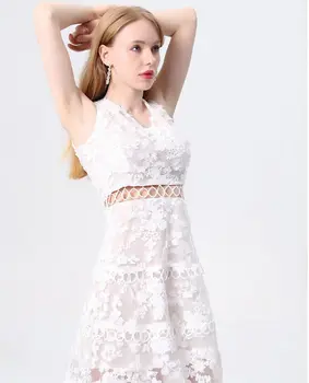 HCBLESS 2019 m. vasaros moterų balta tirpsta vandenyje nėrinių aplikacija žiedas ažūrinės figūrinių suknelė temperamentas suknelė