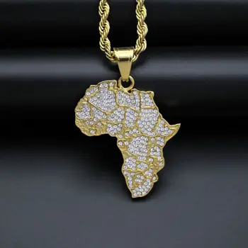 Hip-Hop Cirkonio Asfaltuotas Bling Lediniame Iš Aukso Spalvos Afrikos Žemėlapį, Pakabučiai, Karoliai Vyrams Reperis Papuošalai su 24inch lyno, grandinės