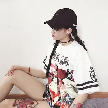 Iki 2017 m. Pavasario vasaros Genki Japonų Mergaitė Laisvi Marškinėliai Studentų Paauglys Harajuku marškinėliai Steetwear Moterų Lady Laišką Viršų