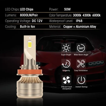 ISincer 2VNT LED Automobilių žibintai H4, H7, H11 H1 H3 9005 HB3 9006 HB4 H8, H9 LED žibintai SPT lemputės auto 6000K 50W 8000LM 12V