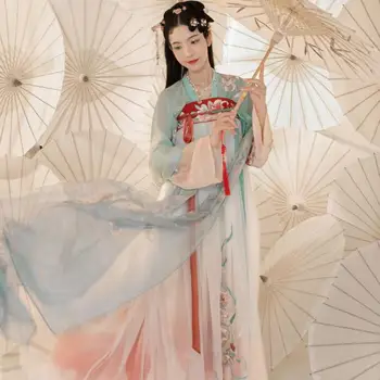 Išsiuvinėta Gėlių Krūtinės Ilgis Hanfu Priešas Moterų Elegantiškas Tango Kostiumas 2VNT Tiktų Žalia Etapo Rezultatus Tradicinių Drabužių