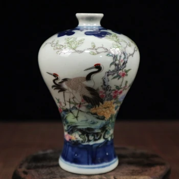 Išskirtinį Kinijos Kolekcines Mažų Laimingas Porceliano Vaza Dažytos su Kranais ir Gėlės