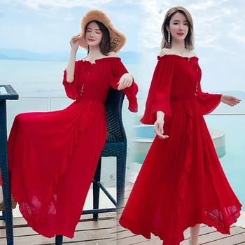 Kad pajūrio atostogų suknelė moterų Bohemijos suknelė pečių raudona paplūdimio suknelė super naujas pasakų žodį