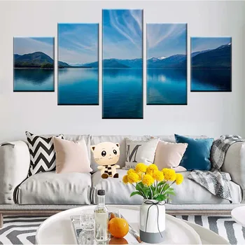 Kambarį dekoratyvinės sienų meno spausdinimo Šiaurės plakatas 5 vnt ežeras, kalnas, mėlynas dangus, balti debesys kraštovaizdžio drobė nuotrauką