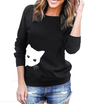 Karšto naujas Amerikietiško stiliaus animaciją kačių puloveris moteris palaidinukė ilgomis rankovėmis atsitiktinis plonas o-kaklo moterų palaidinukė plius dydis
