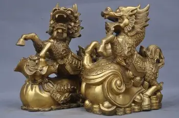 Kinija Fengshui žalvario turto moneybag RuYi Kirin Vienaragis Kylin Žvėris statula pora
