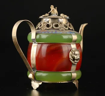Kinijos rankų darbas senas, žalia ir Raudona jade apyrankę apdaila tibeto-sidabro dragon arbatinukas