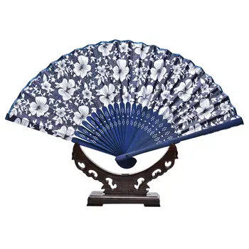 Kinų stiliaus mėlynos spalvos audinio pusės ventiliatorius su dažyta mėlyna bambuko rėmo Vestuves naudai cal gėlių dizainas