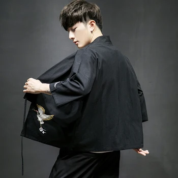 Kinų stiliaus siuvinėjimų Kimono Švarkas Vyrams Medvilnės Skalbiniai Prarasti Vyriškos Striukės Trys Ketvirtį Rankovės Atidaryti Dygsnio Atsitiktinis Kailio Vyras