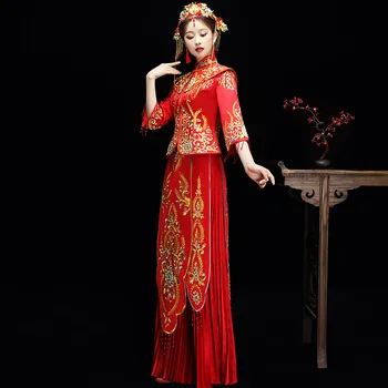 Kinų Tradicinio Siuvinėjimo Nuotakos Suknelė Qipao Raudonų Senovinių Vestuvių Cheongsam Rytų Suknelės, Šaliai, Skraistės Chinoise Dragon Long