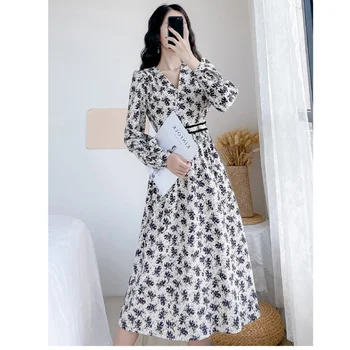 Korėjos Stiliaus Rudenį, Pavasarį Moterų Suknelė Ilgomis Rankovėmis Paprastas V Kaklo Moterų Elegantiškas Gėlių Slim Derliaus Temperamentas Ilga Suknelė