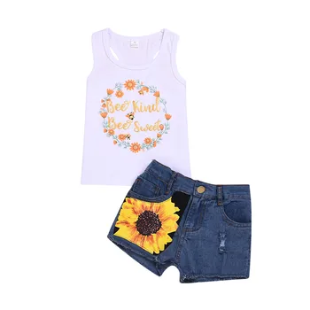 Kūdikių vaikas mergaičių drabužių rinkiniai Spausdinti vasaros komplektus vaikams Berankoviai Marškinėliai Viršuje+Gėlių Džinsinio Šortai Komplektus, Rinkinius, L423