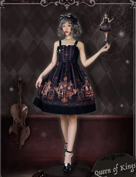 Lolita dirželis pynimas suknelė aukšto juosmens spausdinimo viktorijos suknelė kawaii girl gothic lolita jsk loli palace saldus princesė lolita