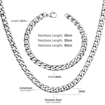 LUXUSTEEL afrikos juvelyrika nustatyti, Plotis 8mm, Nerūdijančio Plieno, Ilgai 50cm 55cm 60cm Grandinės, Apyrankės, Komplektai Kubos Susieti Grandinės