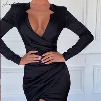 Macheda moterų Kostiumas-stiliaus, v-kaklo, plisuotos asimetrinė Suknelė 2019 ponios juoda atsitiktinis biuro ilgomis rankovėmis Slim krepšys klubo Suknelė