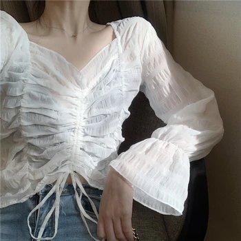Mados 2019 m. rudenį, vasarą, pavasarį, baltas saldus plisuotos trumpa palaidinė atsitiktinis marškinėliai Seksuali Šalių viršūnių W1068